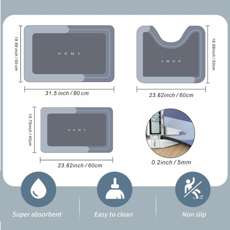 3 Piece Anti-Slip Bathroom Mat Set - Quick Drying U-Shaped Toilet & Floor Mats